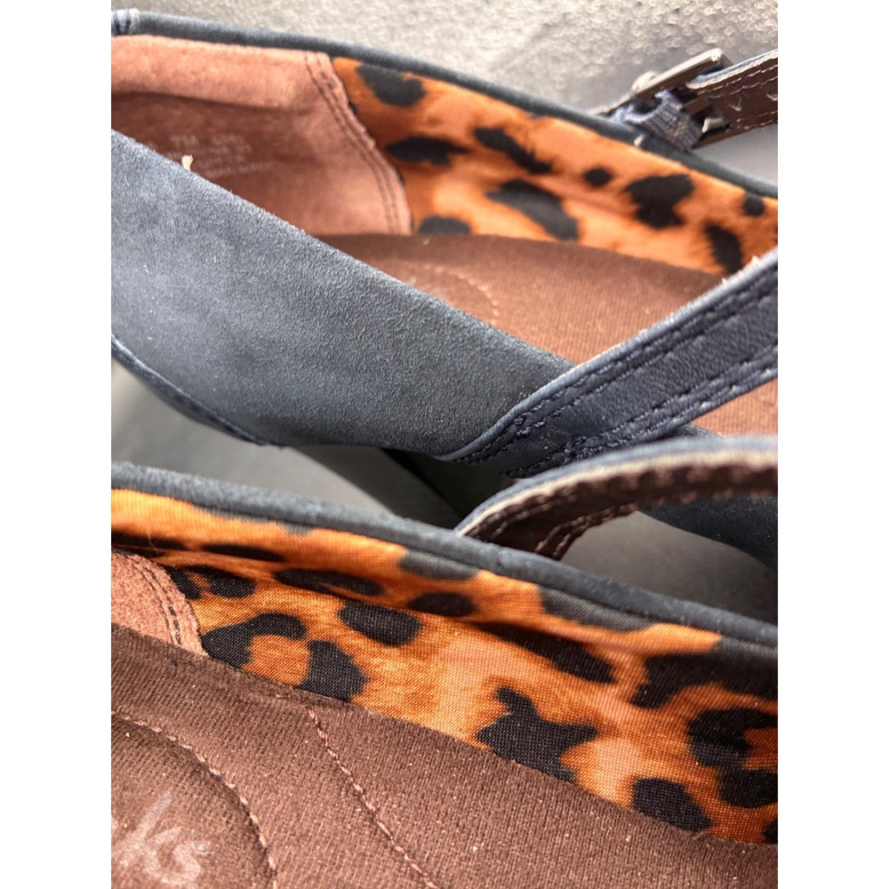 Clarks Bendables Navy Blue Leather Suede Mary Jane Pumps Leopard Print 7M 60595 - Picture 8 of 11